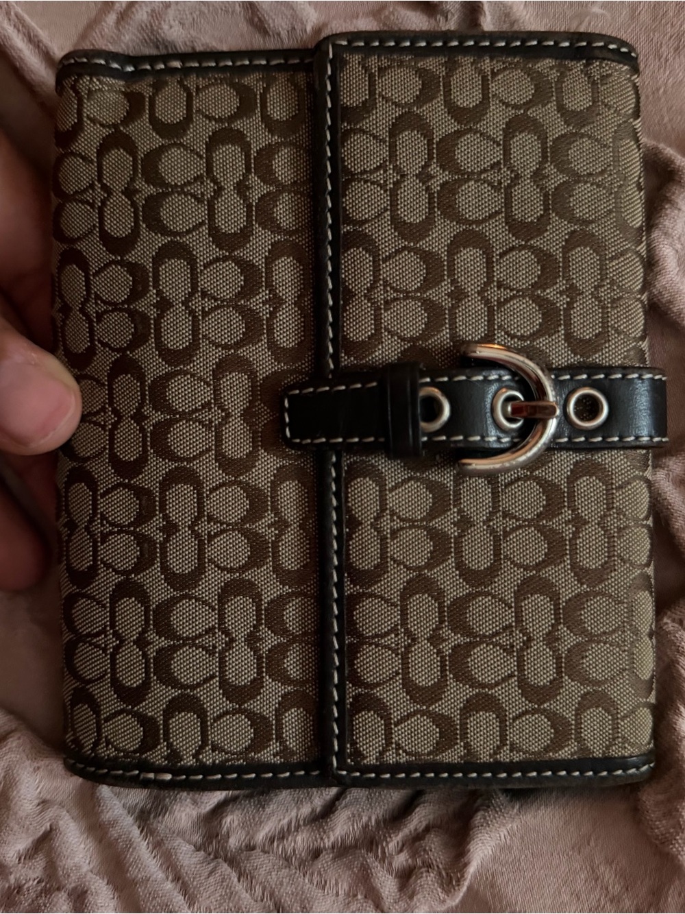 Coach Brown Signature Canvas Soho Wallet with Black Trim and Gold-Tone Buckle